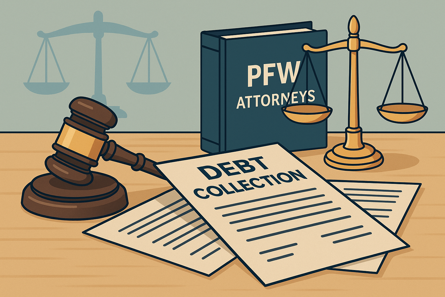 Legal Case News 3 Illustration of a gavel on debt collection documents and scales of justice representing Pressler, Felt & Warshaw LLP